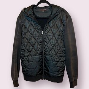 Michael Kors Quilted Mixed Media Puffer Hoodie Jacket Black Size Large
